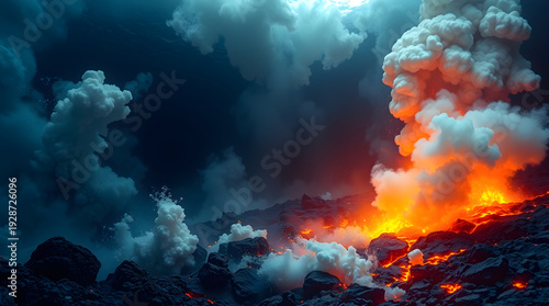 Underwater volcanic eruption with billowing plumes
