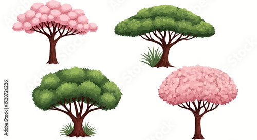 cartoon trees illustration, spring blossom, green foliage, nature background