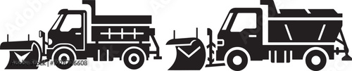 Two black snow plow trucks with plows on white background, symbolizing winter, snow removal, and road maintenance.