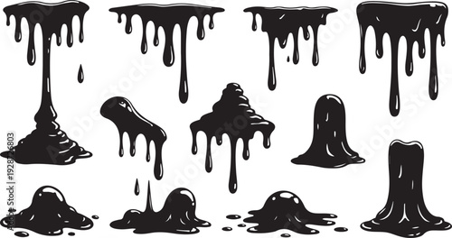 Vector illustration of a black ink and paint splash set featuring fluid liquid drips, wet art splatters, and leaking blobs of dripping design