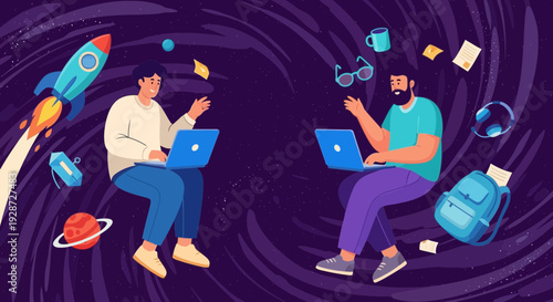 two men working on laptops, space background, creative teamwork