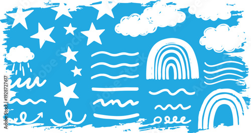 Whimsical seamless pattern with cute smiling suns clouds rainbow flowers and a character