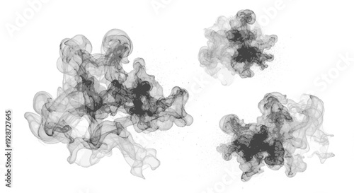 Abstract black smoke clouds on white background soft flowing shapes varying densities artistic mysterious and atmospheric elements