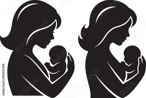 Elegant black and white silhouettes of mothers holding their babies, symbolizing love and connection