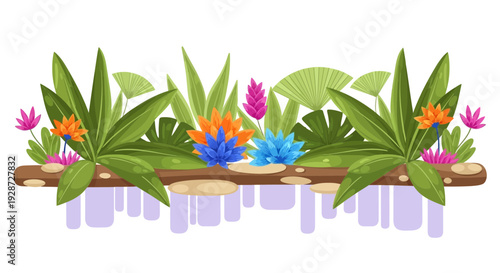 jungle plants on wooden log, floral arrangement, tropical flowers