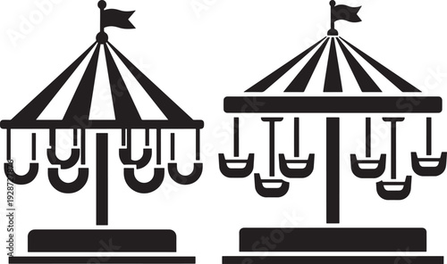 Black Silhouettes of Carousel Merry-Go-Round Rides with Flags and Seats