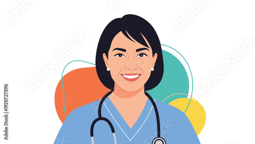 Portrait of a smiling female healthcare professional wearing blue scrubs and a stethoscope around her neck for medical services.