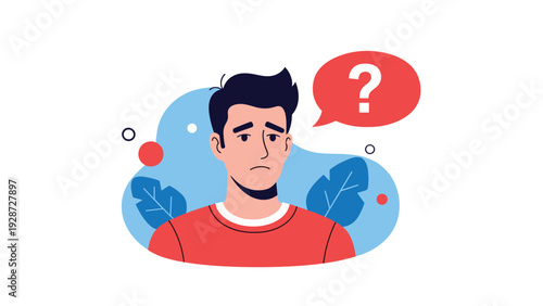 Man with a concerned facial expression standing in front of a blue background with a question mark in a red speech bubble for help.
