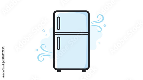 Modern two door refrigerator illustration in light blue with cool air swirls and snowflakes suggesting a cold interior storage.