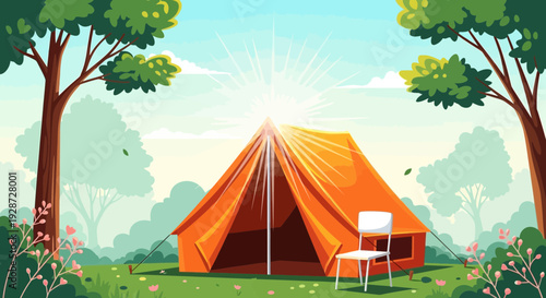 Camping tent in nature with sunlight, outdoor adventure, travel concept