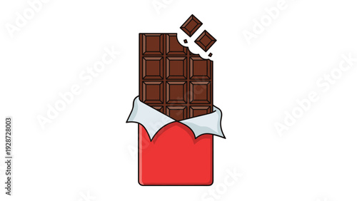 Partially unwrapped milk chocolate bar in a red paper wrapper with pieces broken off for sweet snacks, desserts, or treat concepts.