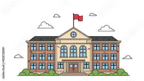 Large brick school or college building with multiple windows, red flag, and green bushes for education, campus, or architecture themes.