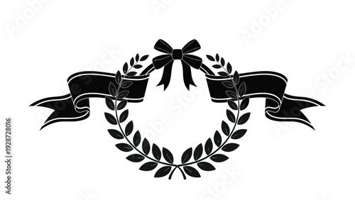 Elegant black silhouette of a laurel wreath with a flowing ribbon and bow for victory awards, commemorations, or commemorative designs.