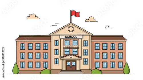 Colorful flat illustration of a school building with a clock tower, steps, and a red flag isolated on a white background for kids.
