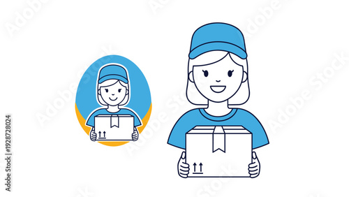 Delivery woman in a blue uniform and cap holding a cardboard package for courier, logistics, shipping, or postal service concepts.