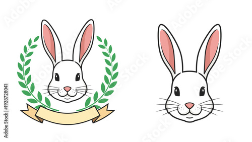Pair of cute white rabbit head emblems with laurel wreaths and ribbons for Easter, spring, pet shops, or rabbit breeding branding.