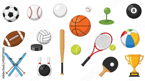 Large collection of various sports balls, bats, rackets, and athletic gear for fitness, competition, and team sports related projects.