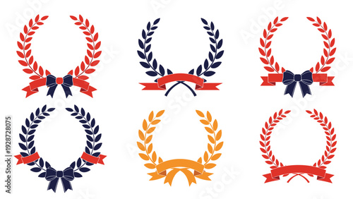 Collection of six colorful laurel wreaths decorated with different ribbon styles and bows for awards and certificates.