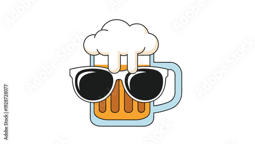 Funny character illustration of a foaming beer mug wearing sunglasses for summer beach parties, pub themes, or brewery marketing.