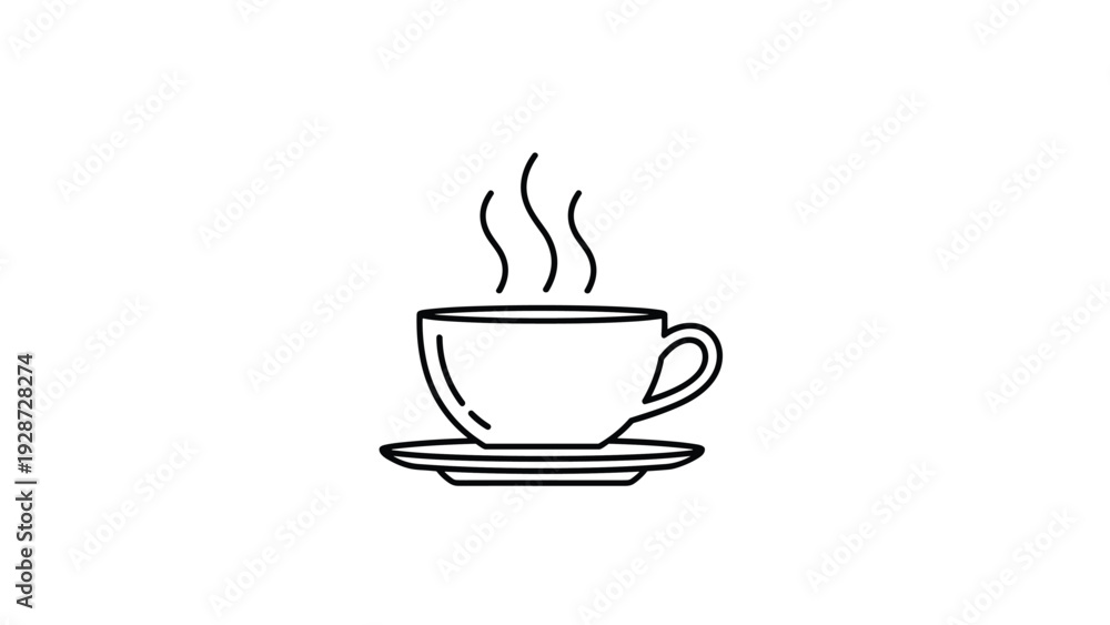 Fototapeta premium Cup of hot steaming coffee or tea on a saucer shown as a minimalist black line icon on a white background.