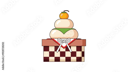 Kagami mochi or Japanese New Year rice cakes with an orange and leaf on a checkered stand in traditional style.