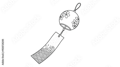 Japanese wind chime or furin featuring traditional cherry blossom and wave patterns in a simple black line style.