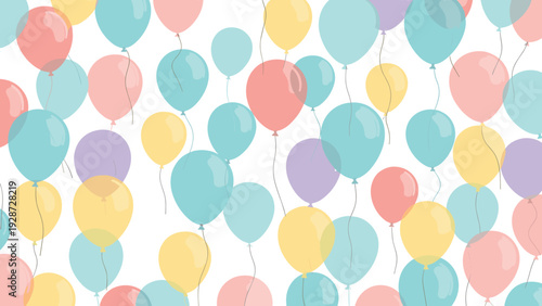 Background pattern of many colorful pastel balloons floating together in shades of blue pink yellow and purple.