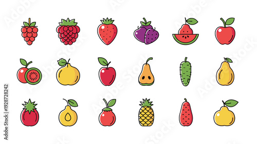 Large set of colorful fruit icons including berries apples pears and pineapple in a modern line art style.