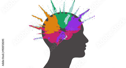 Creative human head silhouette with colorful paint splatters and vibrant brain illustration on white background representing artistic
