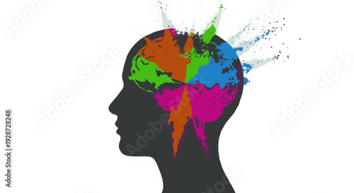Creative human head silhouette with colorful paint splatters and vibrant brain illustration symbolizing artistic expression and imagination