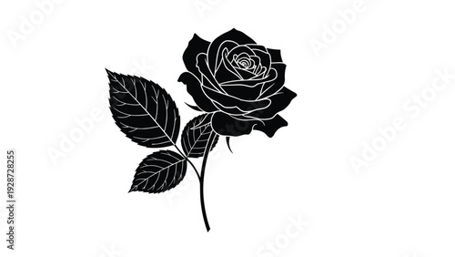 Black rose silhouette with detailed petals and leaves shown as a solid graphic icon on a plain white background.