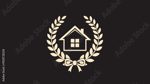 House icon enclosed in a laurel wreath with a ribbon bow presented in cream color on a solid dark black background.