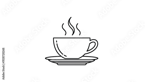 Cup of steaming hot coffee or tea on a saucer illustrated as a minimalist black line icon on a white background.