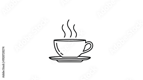 Cup of hot steaming coffee or tea on a saucer shown as a minimalist black line icon on a white background.