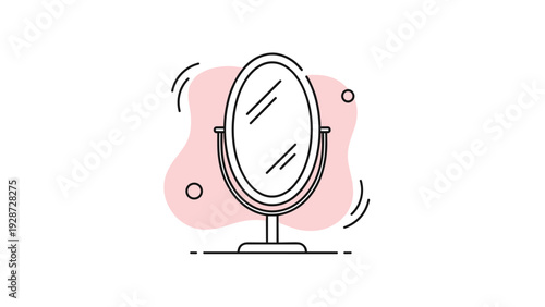 Oval table mirror icon with a pink decorative background illustrated as a clean line drawing for beauty themes.