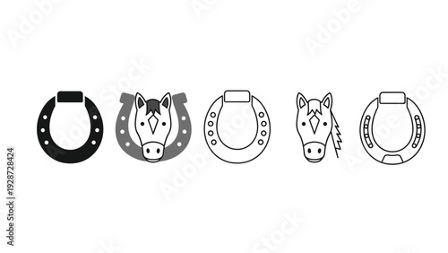 Collection of horseshoe and horse head icons in various styles including solid black, grey, and line art on white background.