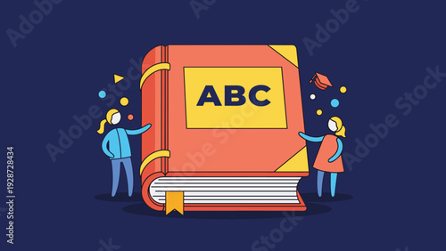 Large orange educational book with ABC on the cover being held by two stick figure students wearing backpacks and graduation caps.