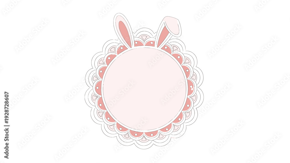 Naklejka premium Decorative pink and white circular frame with rabbit ears and a lace pattern for easter holidays or nursery themes.