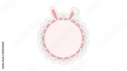 Decorative pink and white circular frame with rabbit ears and a lace pattern for easter holidays or nursery themes.
