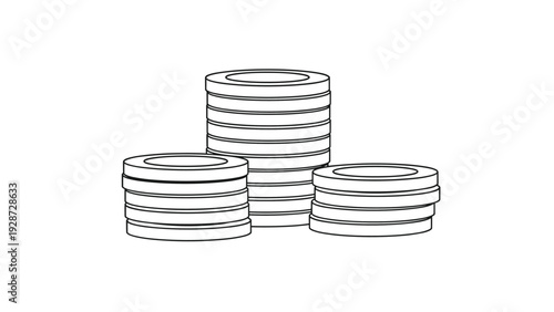 Simple line art illustration of three stacks of coins in different heights representing money, savings, and profit.