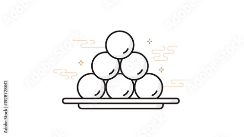 Pyramid of round white dumplings or rice cakes stacked on a plate with decorative clouds and stars in the background.