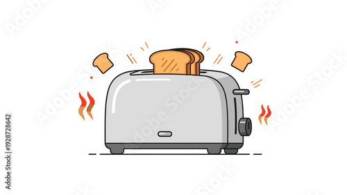 Modern silver toaster popping out two slices of golden brown toasted bread with heat waves and steam on white background.