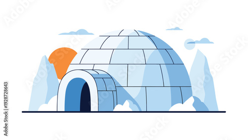 Blue ice igloo house in a polar landscape with icebergs, a sun, and soft clouds on a plain white background.