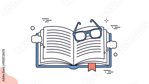 Open hardcover book with a bookmark and blue eyeglasses resting on top surrounded by clouds and decorative stars.