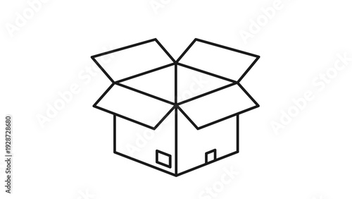 Empty open cardboard box line art icon representing shipping, delivery, packaging, and moving on white background.