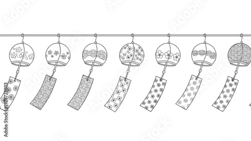 Seamless border pattern showing a row of various japanese wind chimes with different patterns and paper tags on a line.