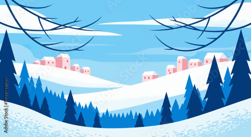 winter landscape illustration, snowy village, blue sky, trees