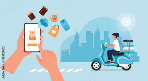 Online food delivery service concept, scooter with order, smartphone app