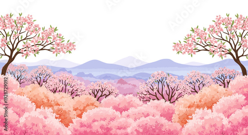 cherry blossom trees, pink flowers, spring landscape, scenic nature