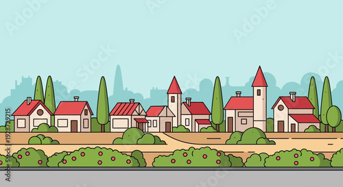 village scene illustration, houses with red roofs and green trees